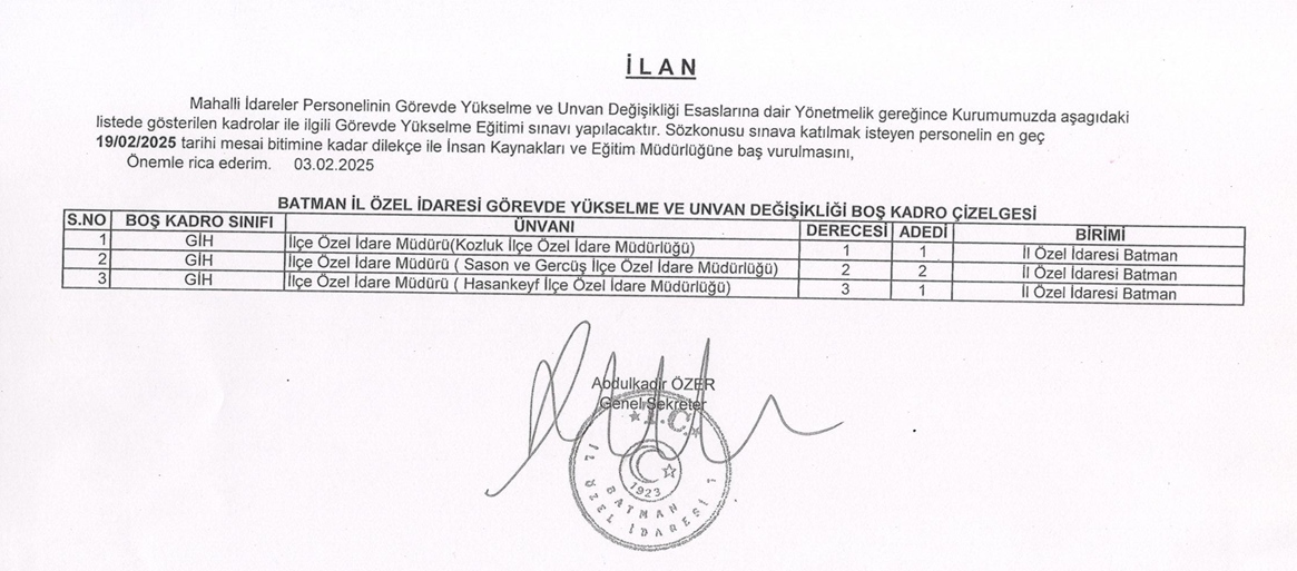 Batman İl Özel İdaresi’nden Görevde Yükselme Ve Unvan Değişikliği İlanı