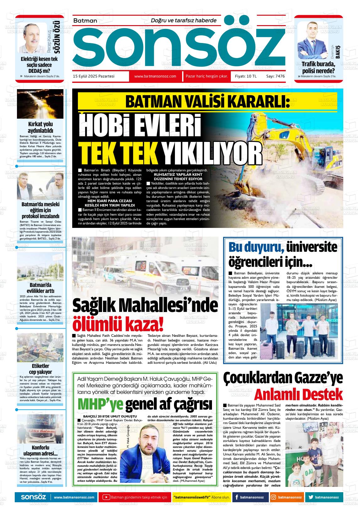 Batman Gazete Manşetleri 15 Eylül 2025 (3)