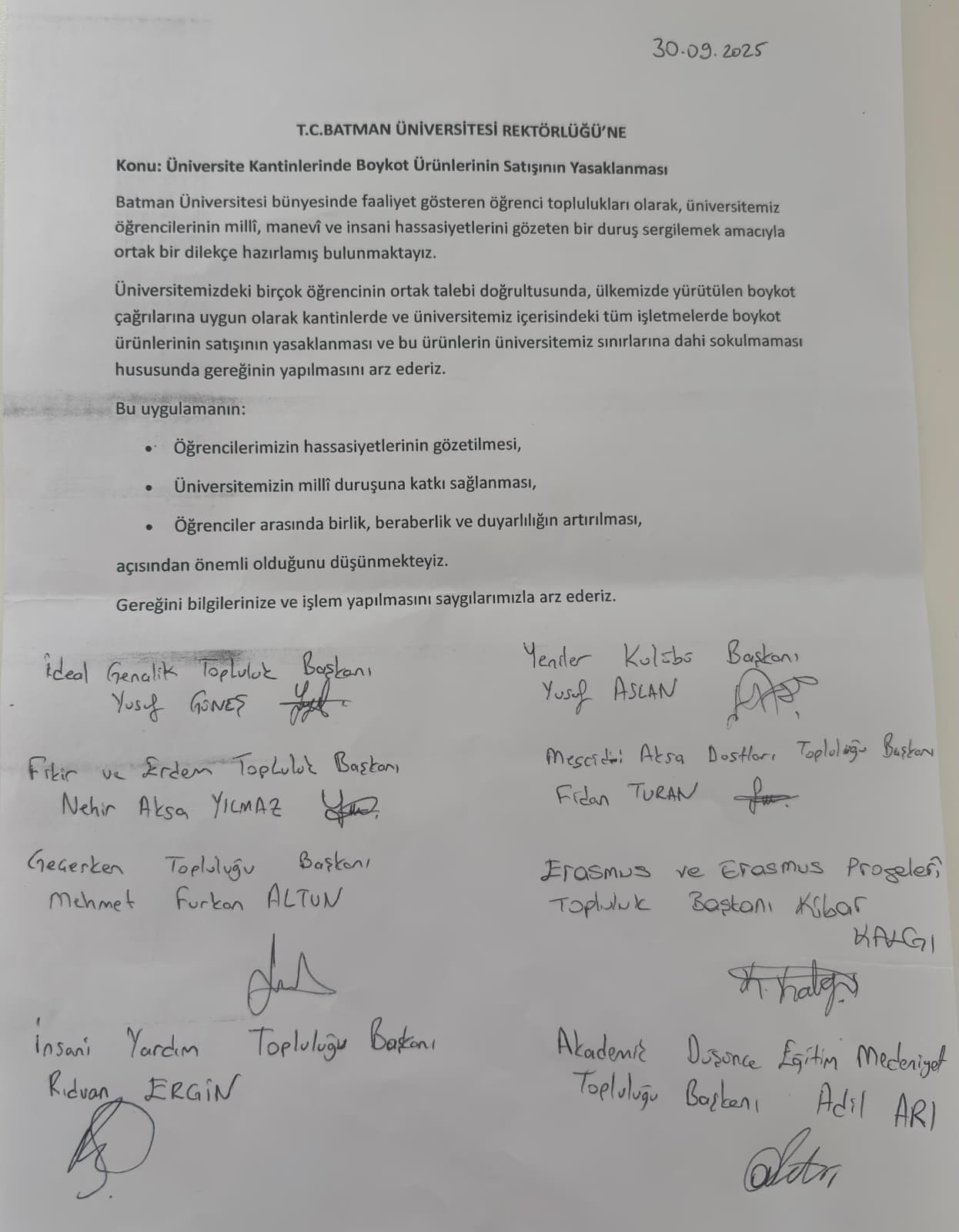 Batman Üniversitesi Öğrencilerinden Kantinlerde Boykot Ürünlerine Karşı Dilekçe (2)