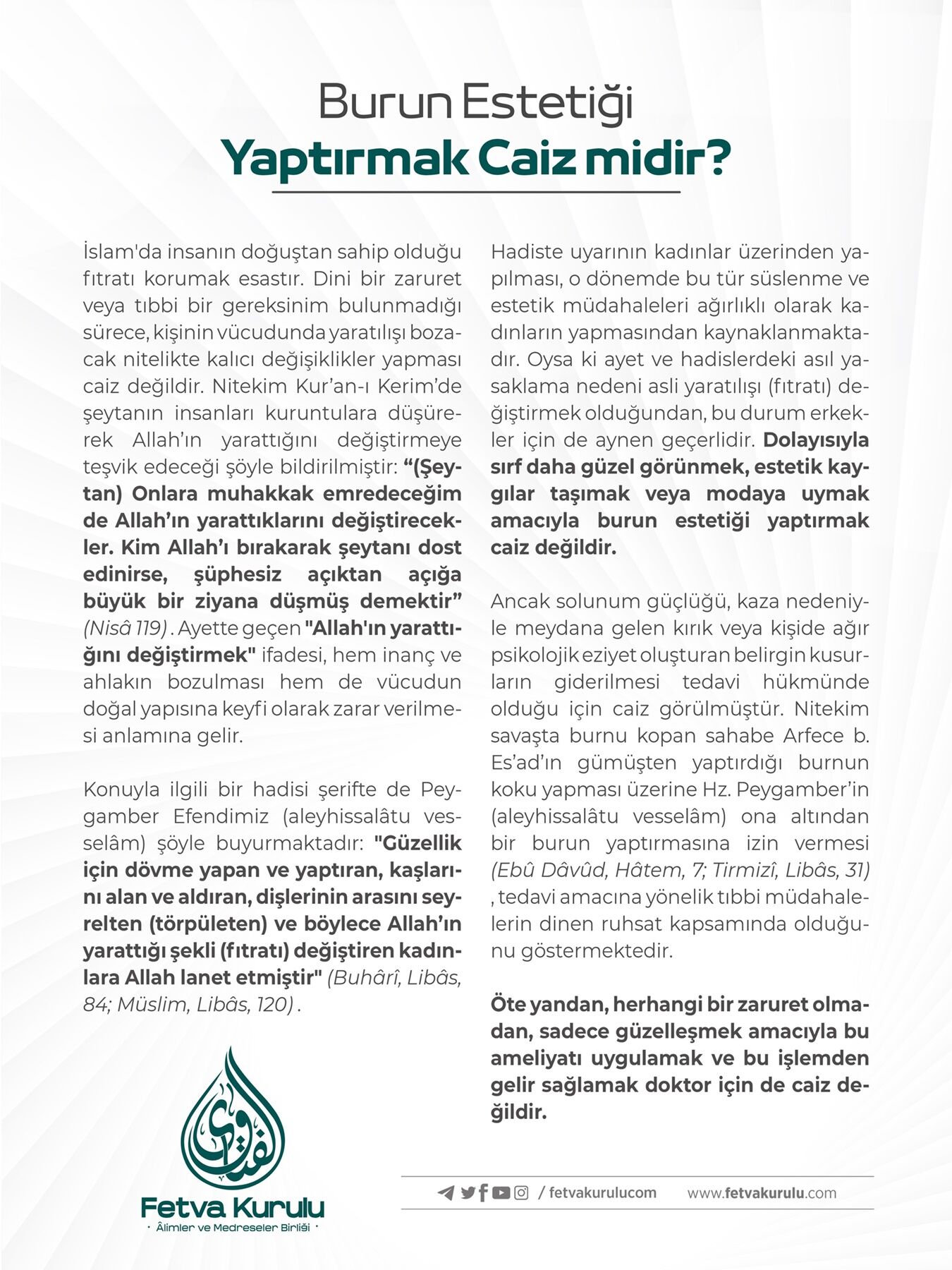 Burun Estetiği Yaptırmak Caiz Mi İtti̇hadul Ulema’dan Açıklama