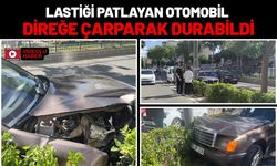Lastiği Patlayan Otomobil Direğe Çarparak Durabildi