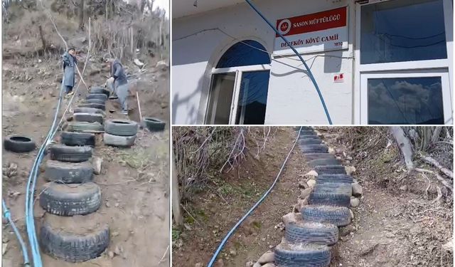 Camiye Ulaşmak İçin İlginç Bir Yöntem Buldular; Araç Lastiklerinden Merdiven