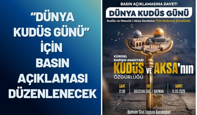 Batman’da “Dünya Kudüs Günü” İçin Basın Açıklaması Düzenlenecek