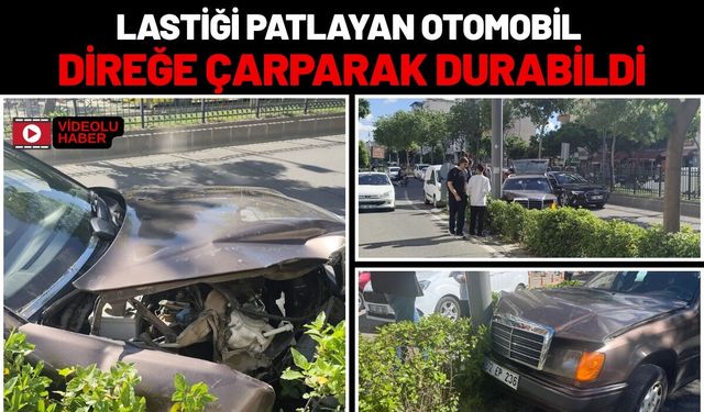 Lastiği Patlayan Otomobil Direğe Çarparak Durabildi