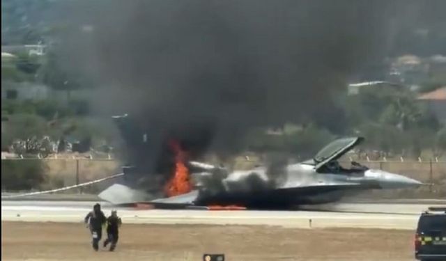 Yunanistan'da arıza nedeniyle acil iniş yapan F-16 savaş uçağı alev aldı