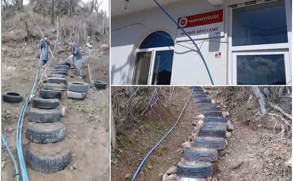 Camiye Ulaşmak İçin İlginç Bir Yöntem Buldular; Araç Lastiklerinden Merdiven