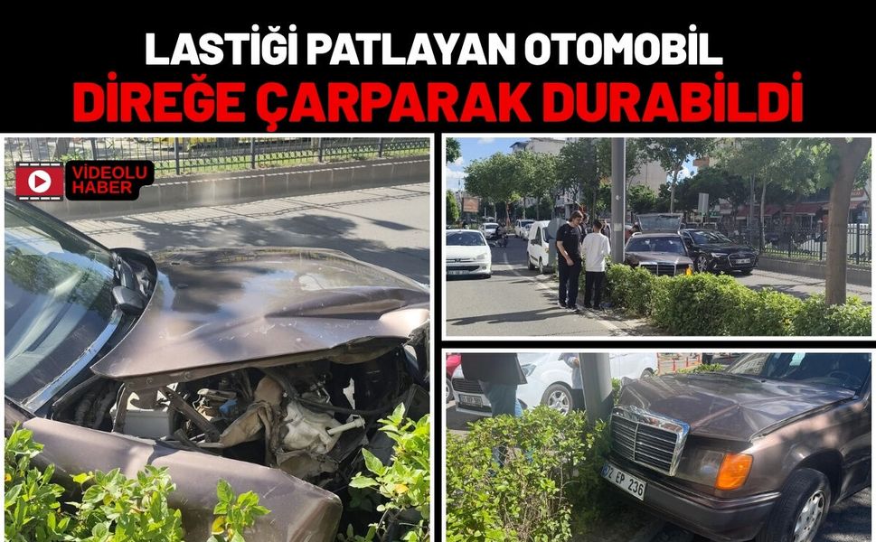 Lastiği Patlayan Otomobil Direğe Çarparak Durabildi
